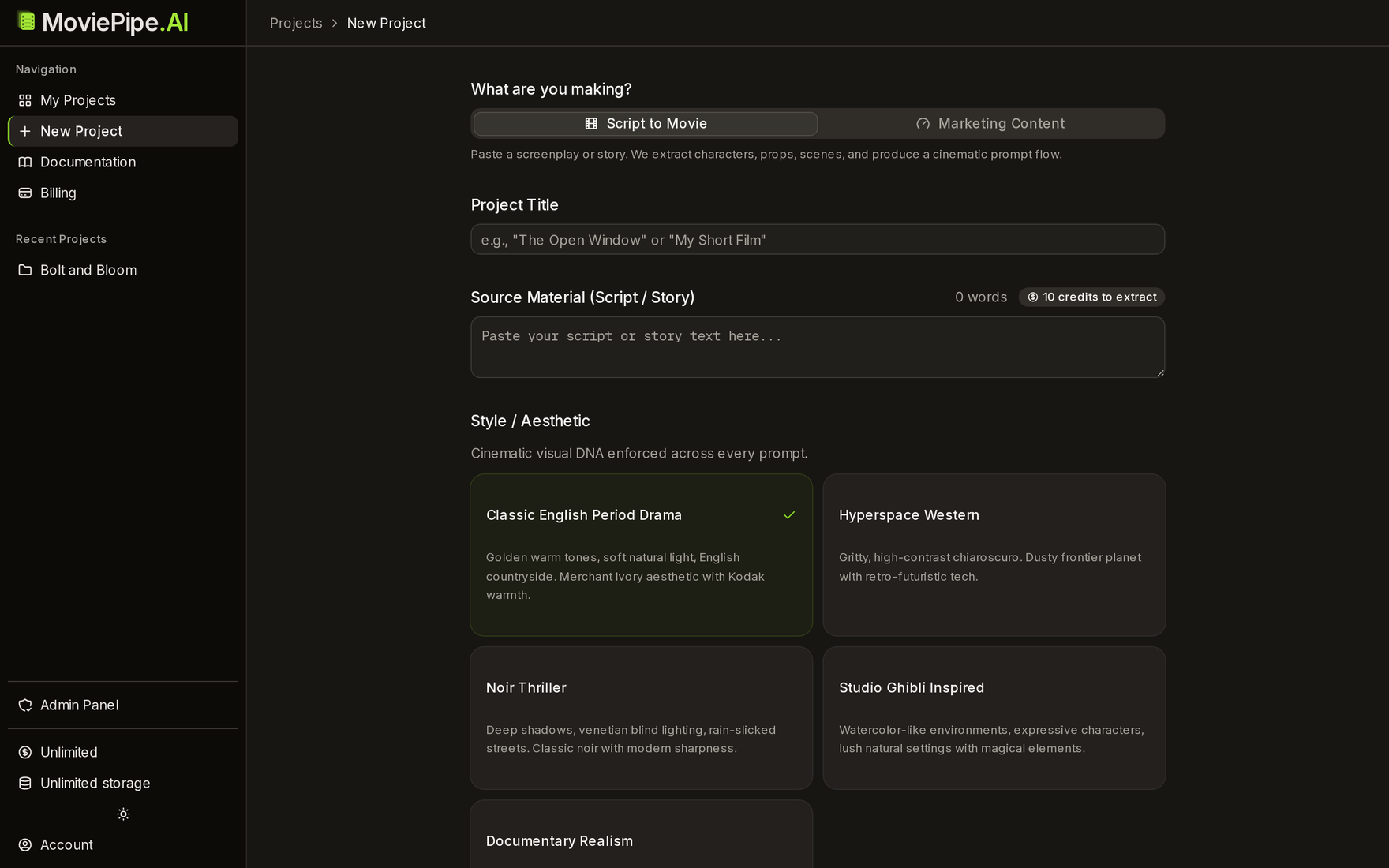New project — flow, style, and custom style